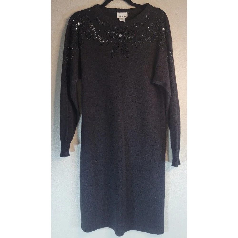 Vintage Mister Noah Black Sequin Beaded Bow Sweater Dress L Ramie Cotton 80s 90s